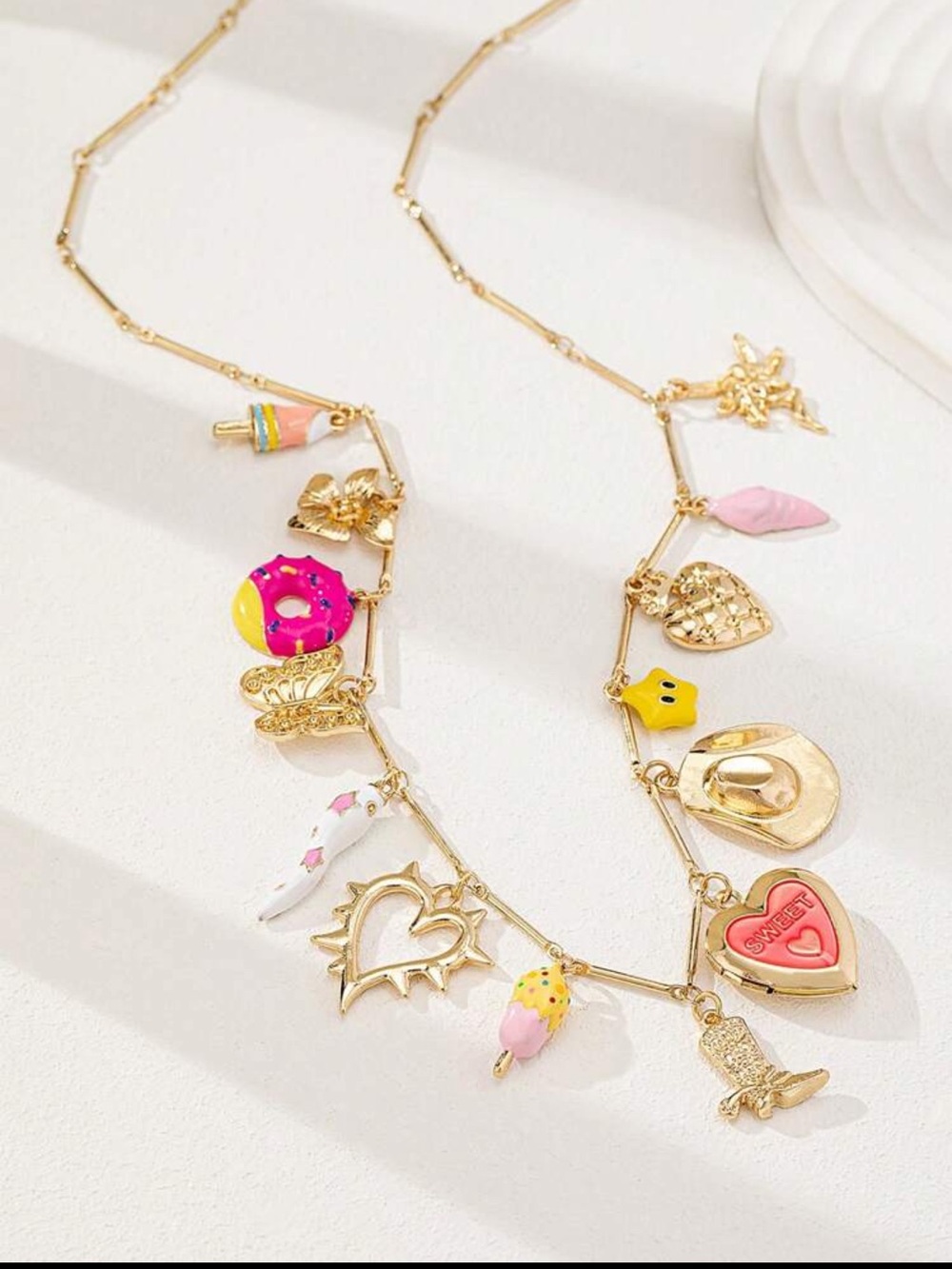 Gold-Tone Pink & Yellow Charm Necklace with Sweetheart and Hat Charms